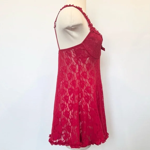 Cinema Etoile Cherry Red Stretch Lace Fit & Flare Babydoll Nightie Slip Dress M